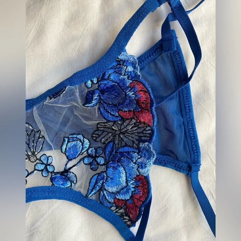 new. blue embroidered lace and tulle bra and thong set,